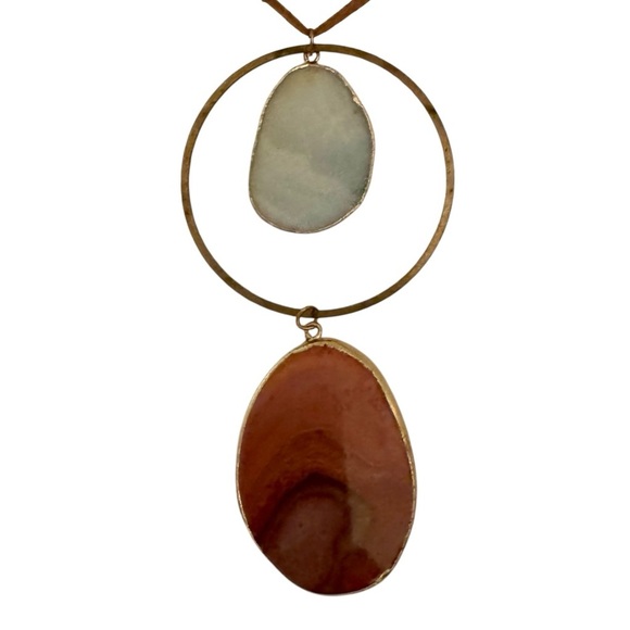 Serefina Long Pendant Statement Necklace Natural Stones and Gold-Tone Circle - Picture 7 of 11